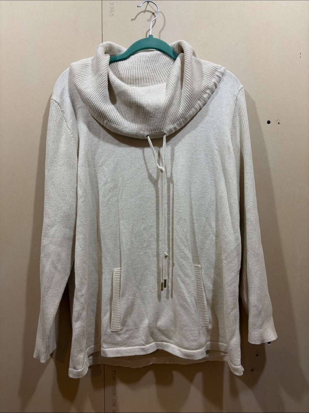 Karl Lagerfeld Cream and Gold Glittery Cowl Neck Sweater Size L